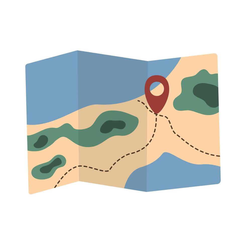 piegato cartone animato carta geografica con marcatore. carta geografica con perno puntatore. illustrazione di spiaggia, foresta e fiume. isolato su bianca sfondo vettore