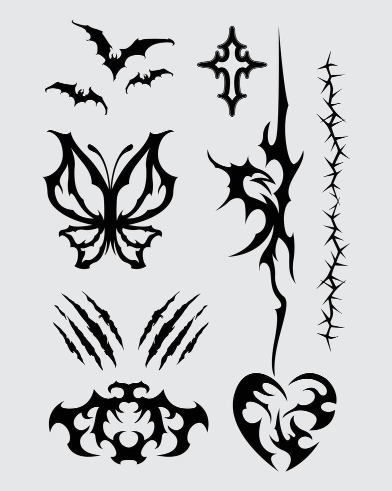 brutalismo elemento collezione impostato ornamento manifesto, tatuaggio, tribale illustrazione raccapricciante icona, simbolo malato modificabile vettore