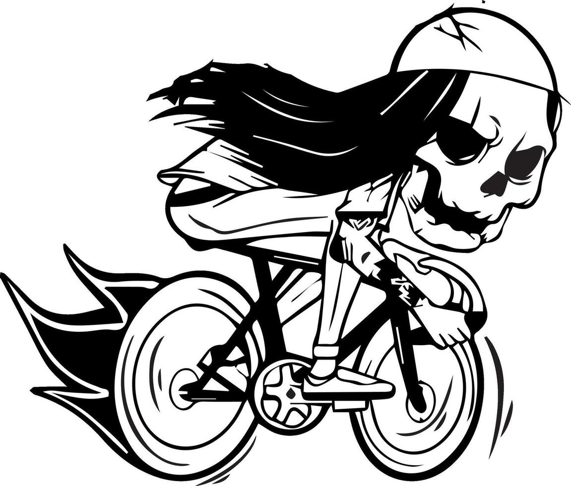 cartone animato scheletro cranio il motore motociclista velocità illustrazione nel nero e bianca. vettore