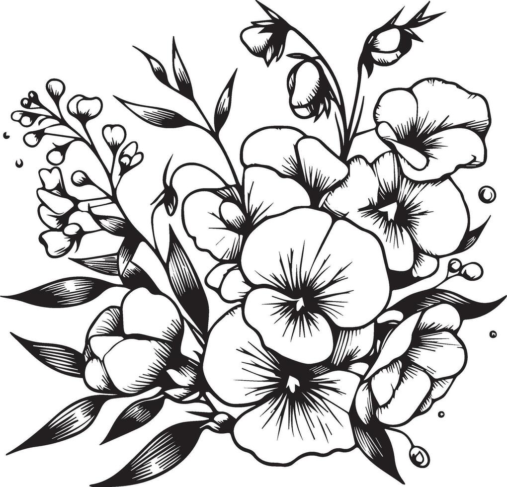 dolce pisello fiori illustrazione colorazione pagina, semplicità, abbellimento, monocromo, arte, schema Stampa con fiori dolce pisello fiore, dolce pisello mazzo foglie, e mini cuffie, dolce pisello tatuaggio vettore