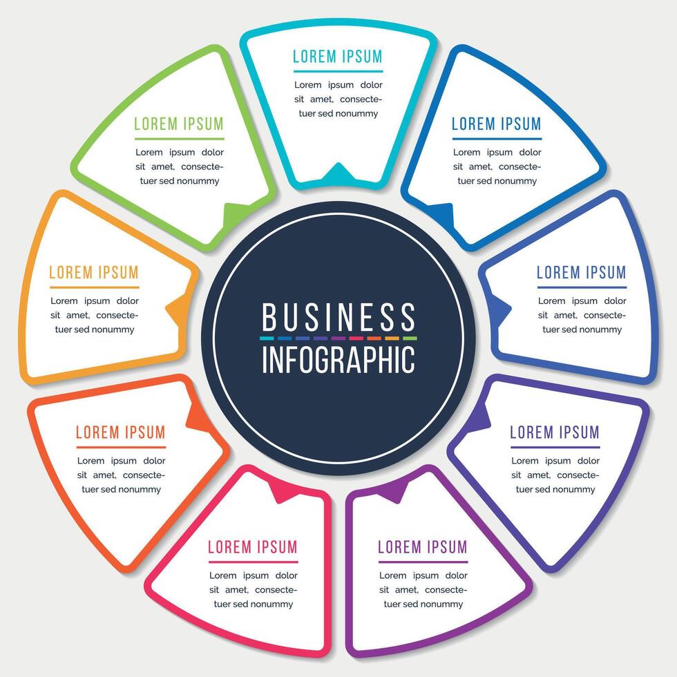 Infografica design cerchio 9 passaggi o elementi attività commerciale informazione colorato modello vettore