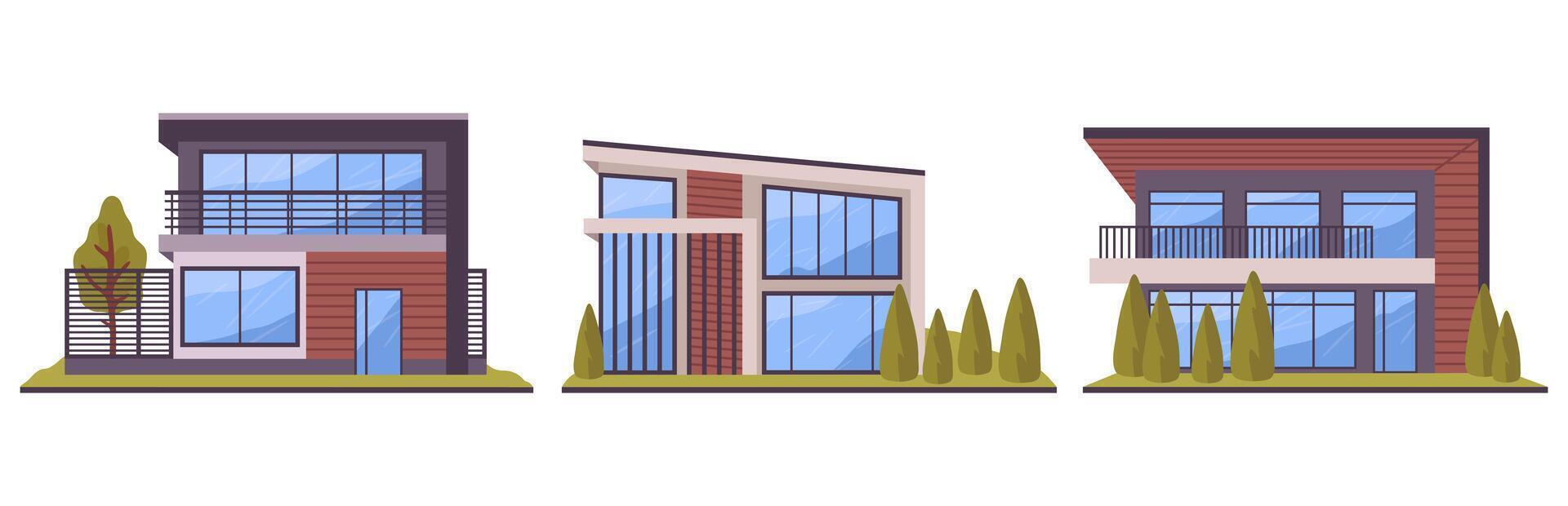 cartone animato suburbano case. mano disegnato moderno Residenziale ville, vero tenuta edifici, contemporaneo nazione Casa piatto illustrazione impostare. contemporaneo urbano case vettore