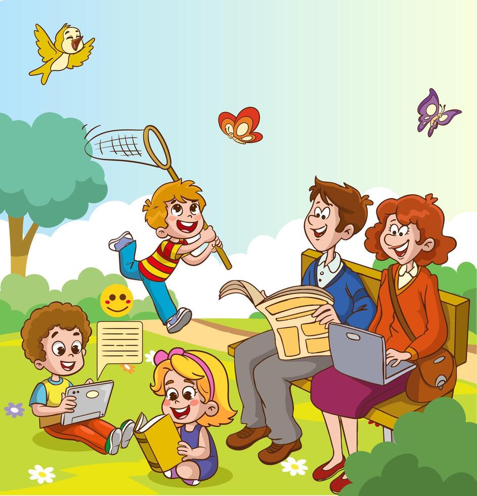 contento famiglia a piedi nel il città parco. padre, madre, figlio e figlia insieme all'aperto. illustrazione nel cartone animato stile vettore