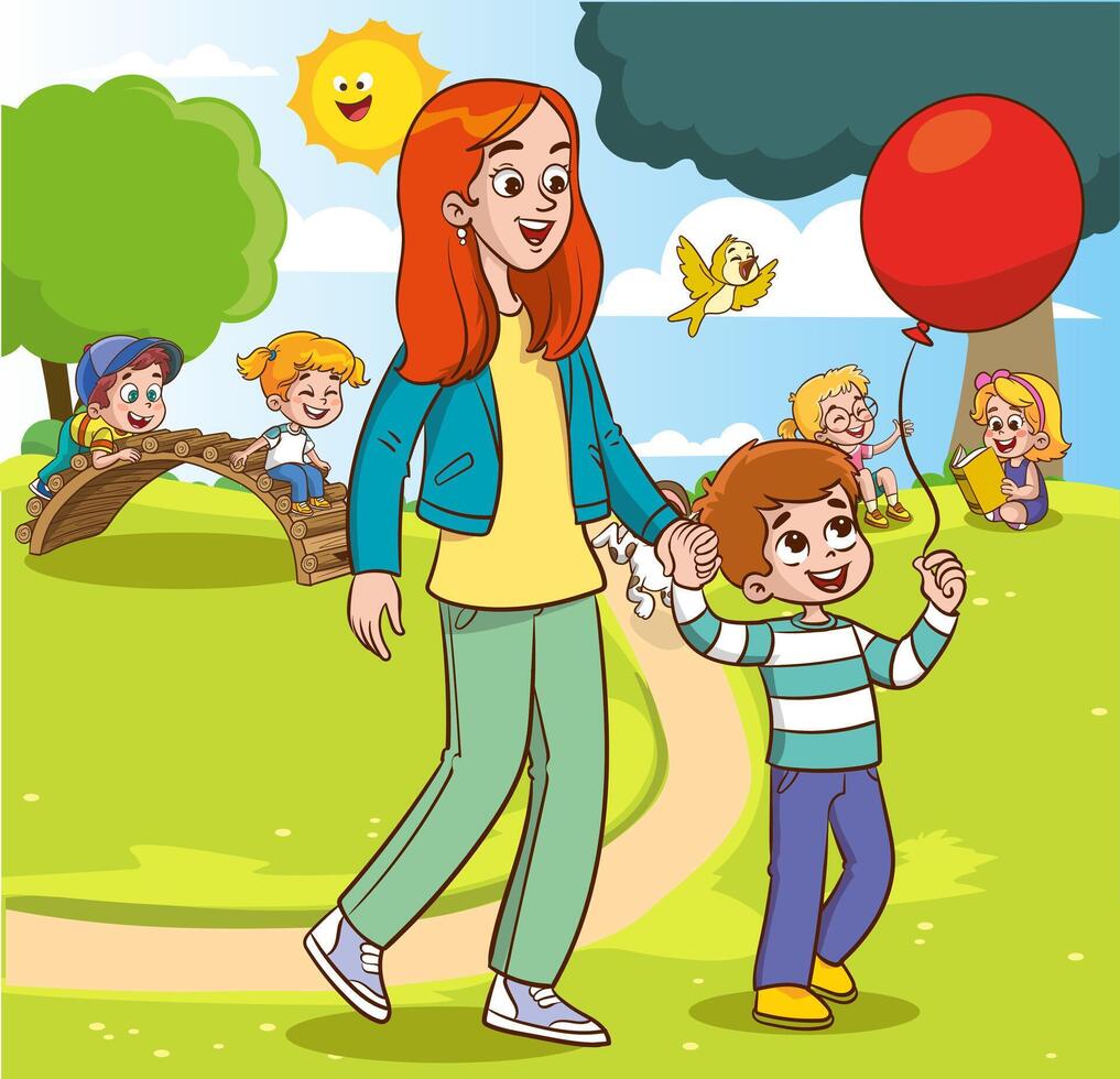 contento famiglia a piedi nel il città parco. padre, madre, figlio e figlia insieme all'aperto. illustrazione nel cartone animato stile vettore