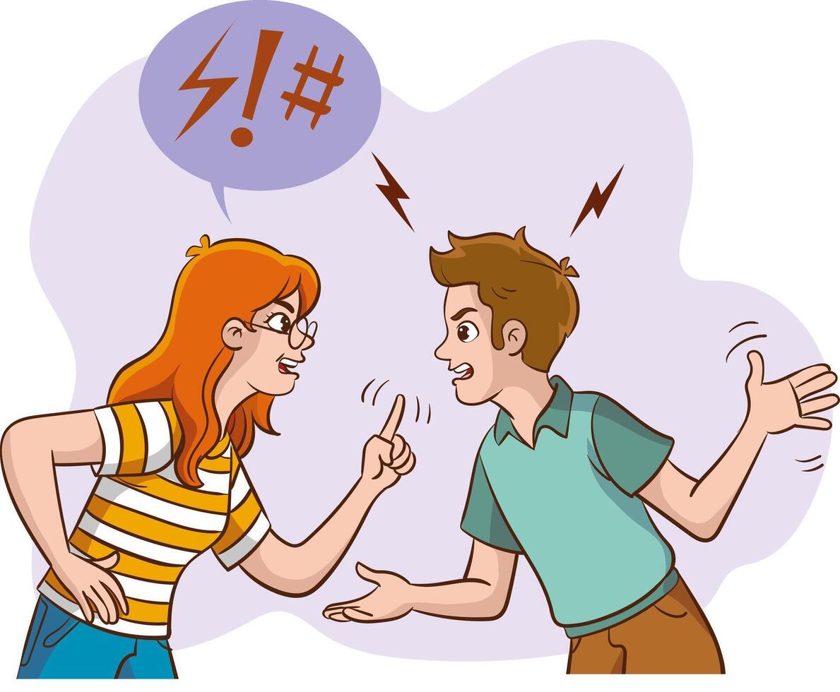 arrabbiato uomo e donna personaggi litigare. piatto cartone animato illustrazione vettore
