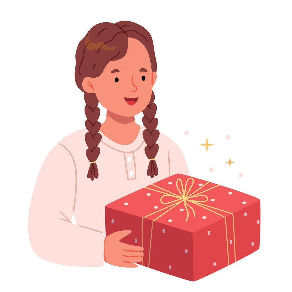 il ragazza è Tenere un' rosso regalo scatola nel sua mani. un' contento ragazza.compleanno. festivo umore. pastello colori. mano disegno. vettore