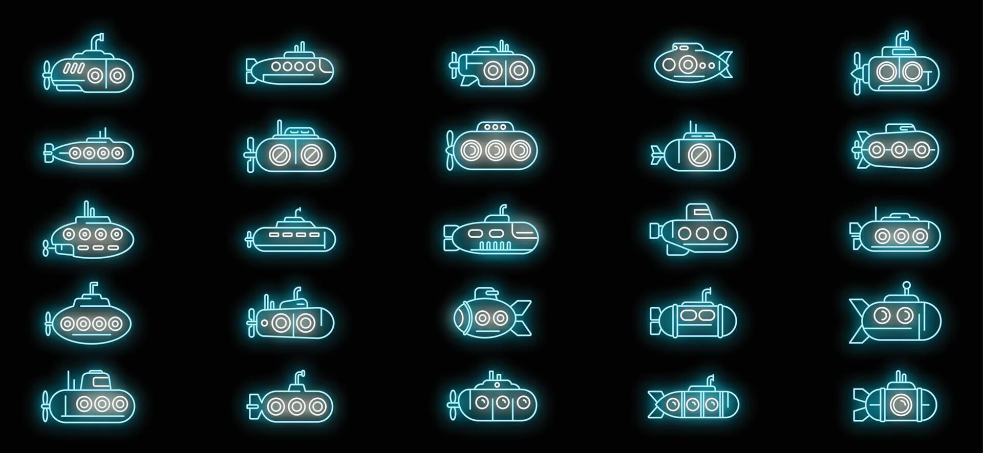 sottomarino icone impostato neon vettore
