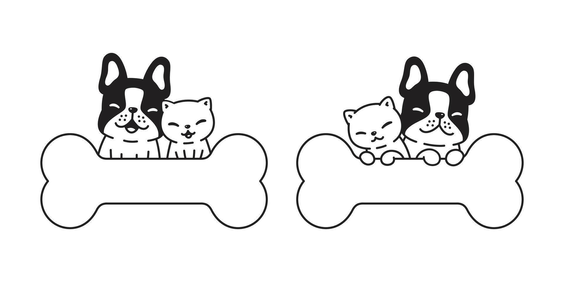 cane gatto francese bulldog icona osso logo gattino calicò animale domestico cartone animato personaggio simbolo illustrazione scarabocchio design vettore