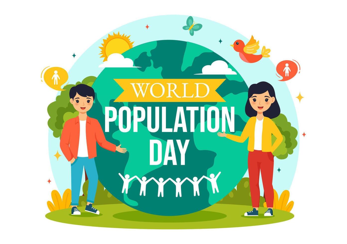 mondo popolazione giorno illustrazione su 11 ° luglio per aumentare consapevolezza di globale popolazioni i problemi nel piatto bambini cartone animato sfondo vettore