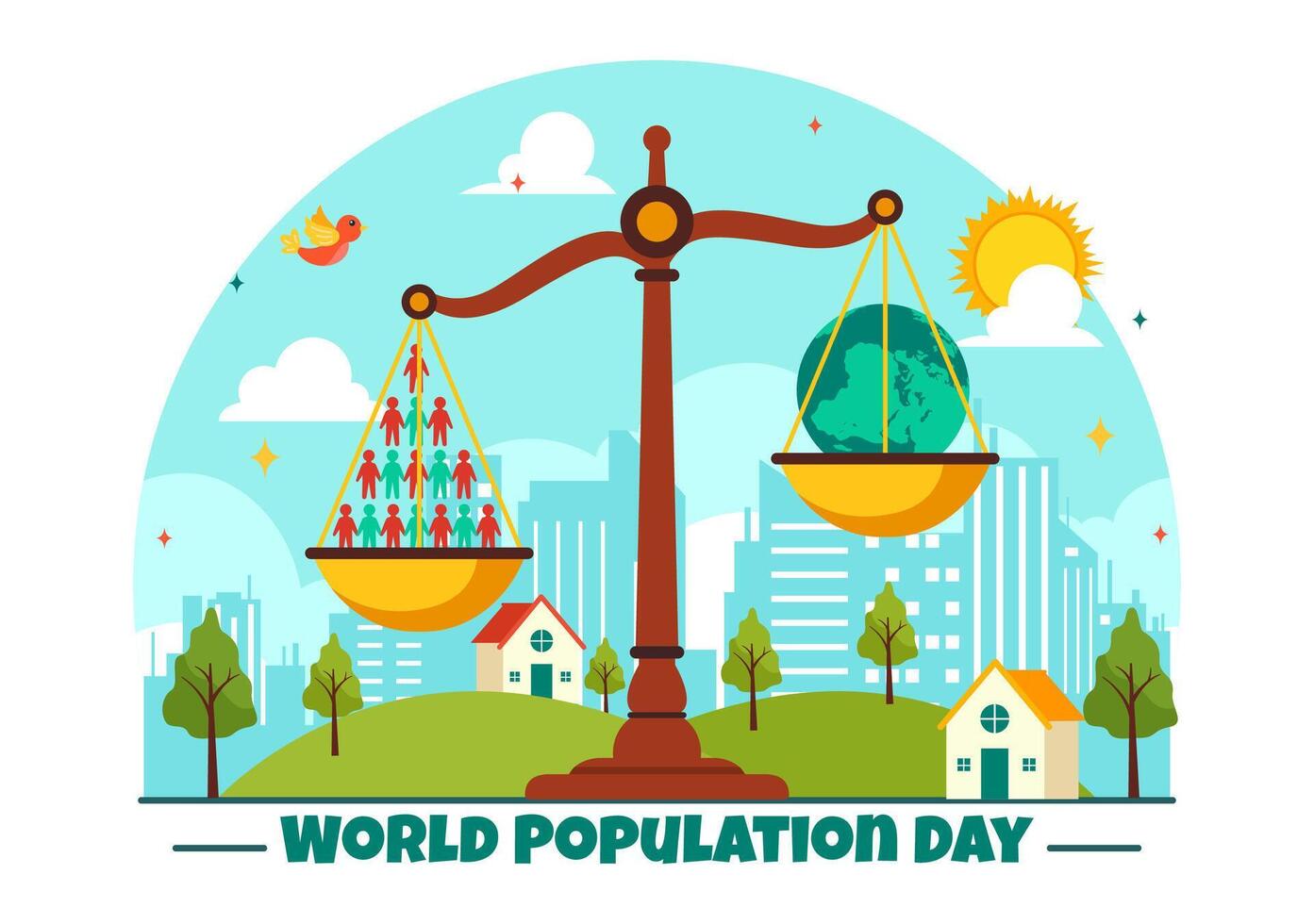 mondo popolazione giorno illustrazione su 11 ° luglio per aumentare consapevolezza di globale popolazioni i problemi nel piatto bambini cartone animato sfondo vettore