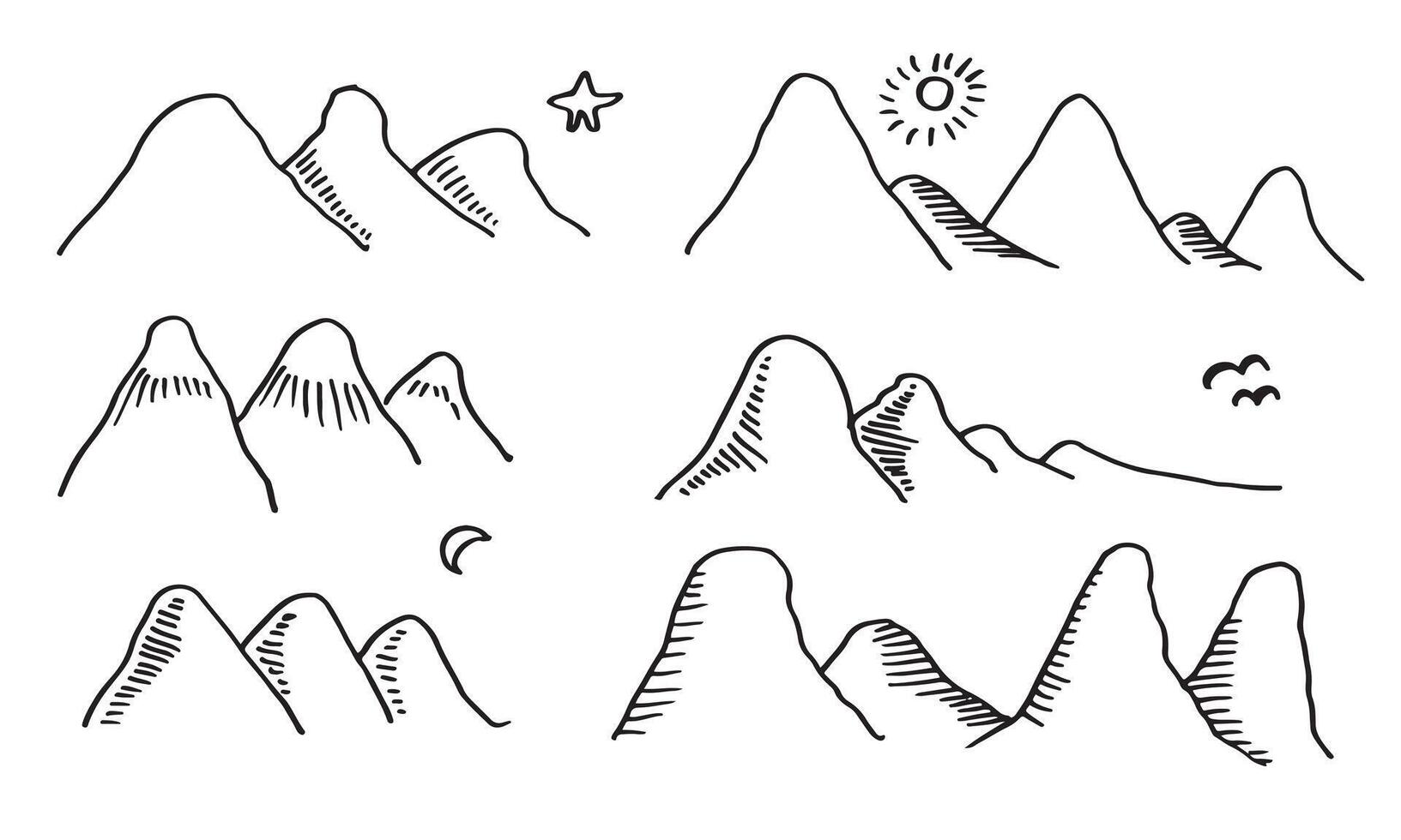 mano disegnato montagne illustrazione impostare, paesaggio natura silhouette, incisione stile, mano disegnato illustrazione. vettore