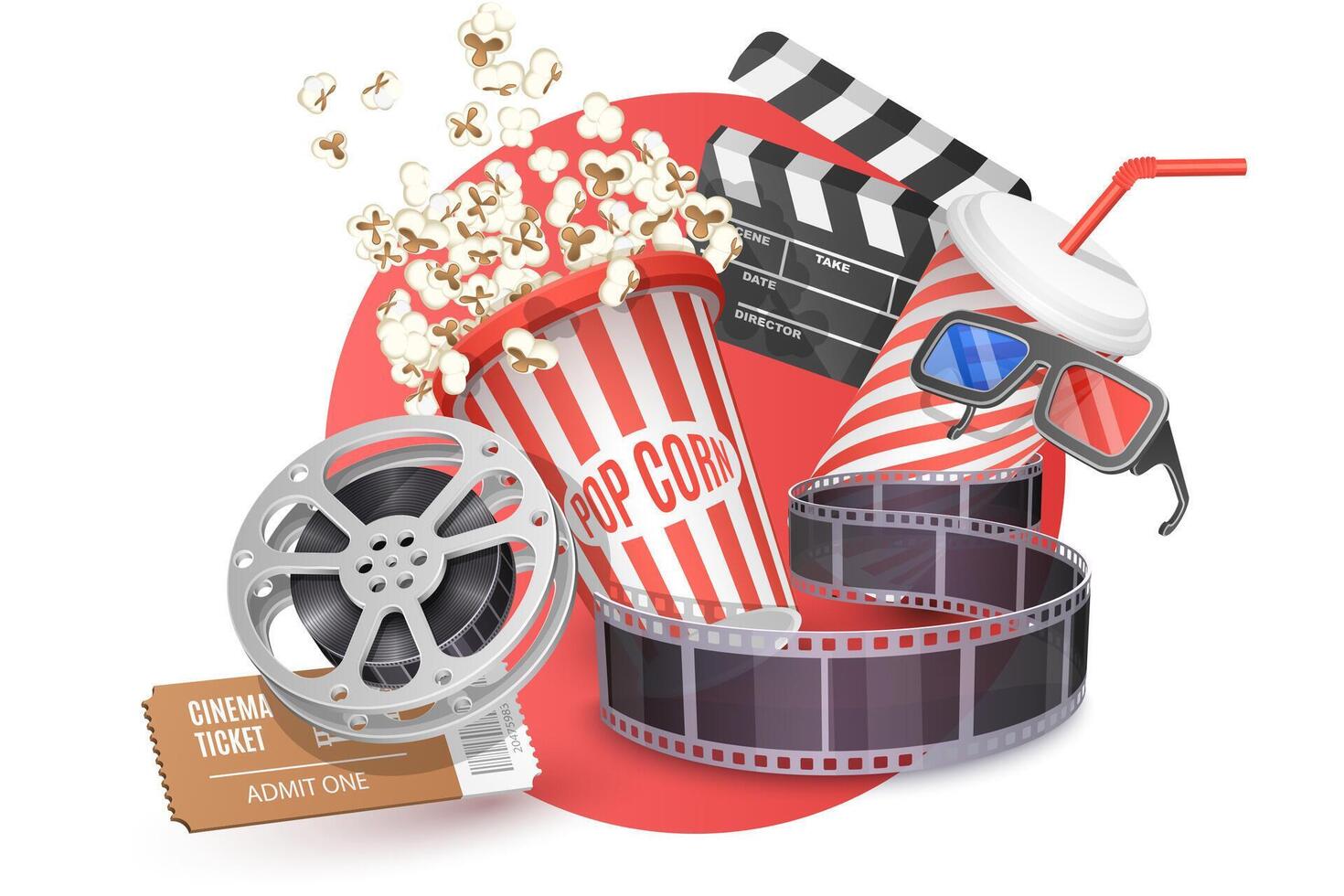 3d concetto di cinema manifesto composizione con Popcorn, ciak. vettore