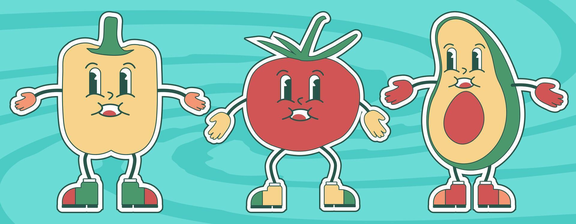 Groovy carino impostato di paprica, pomodoro e avocado personaggi illustrazione vettore