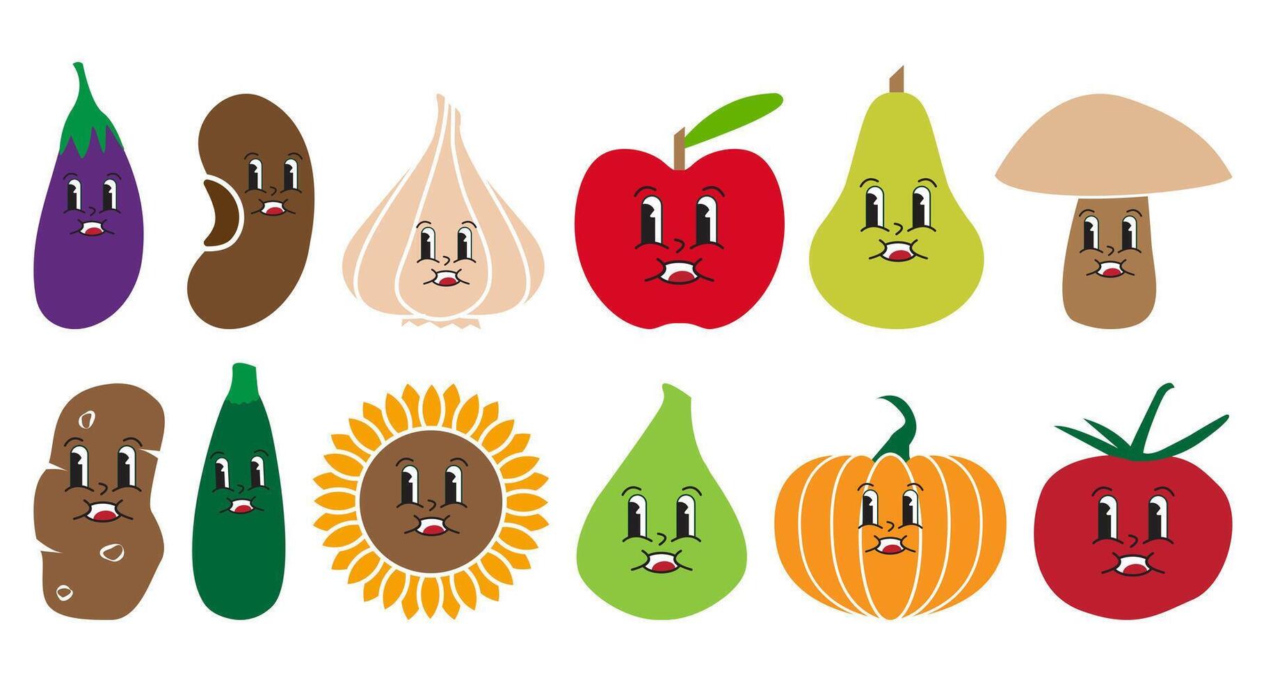 Groovy carino verdura e frutta impostato di melanzana, fagiolo, aglio, mela, Pera, fungo, Patata, zucchine, girasole, Figura, zucca e pomodoro personaggi isolato su bianca sfondo vettore