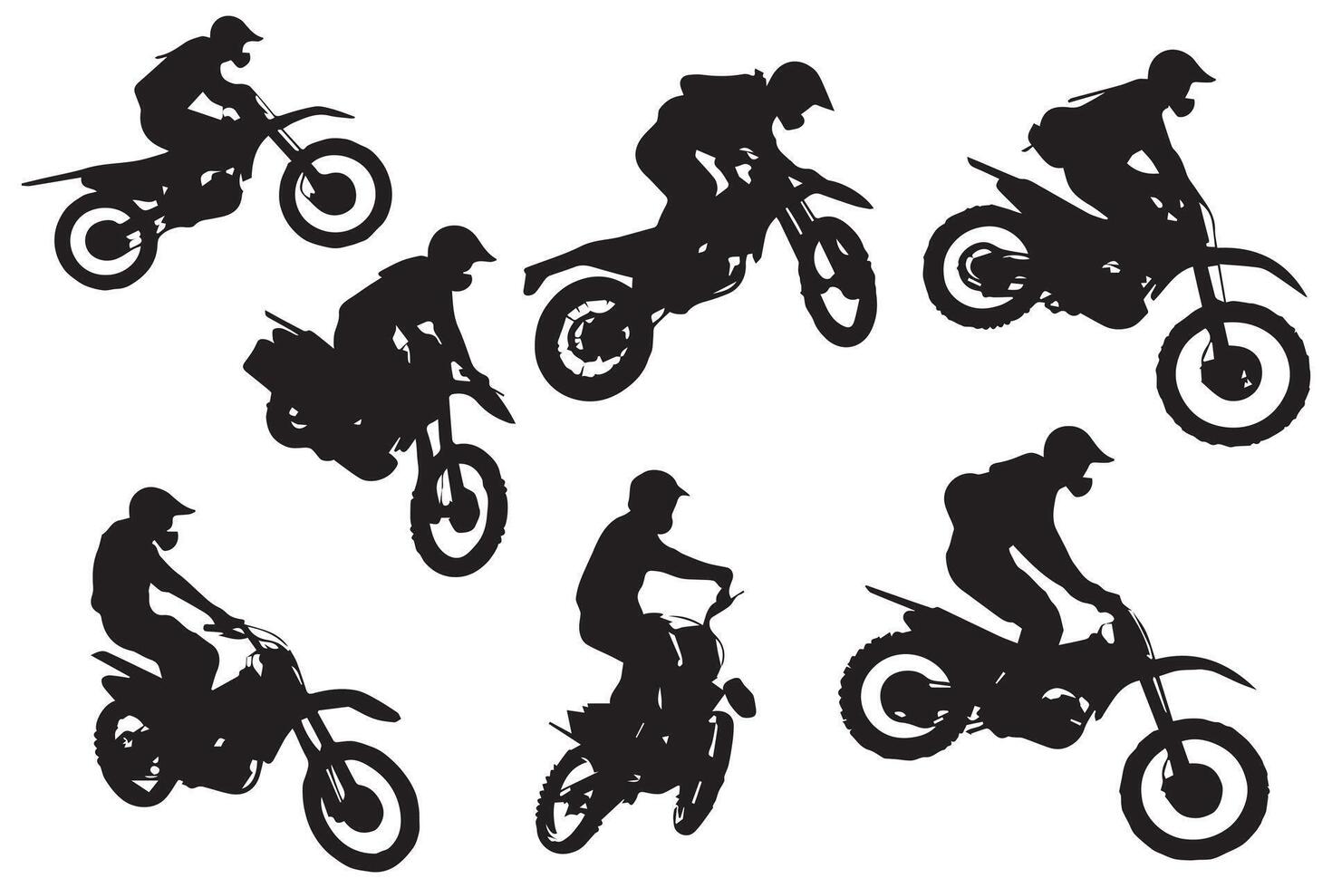 silhouette di un' motociclista fare freestyle trucchi su il suo motociclo silhouette impostato gratuito design vettore