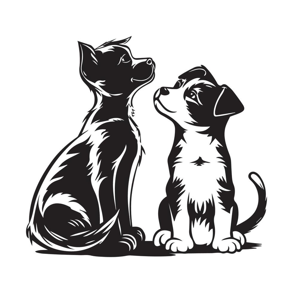 Due cani seduta Immagine su bianca sfondo nero e bianca cane vettore