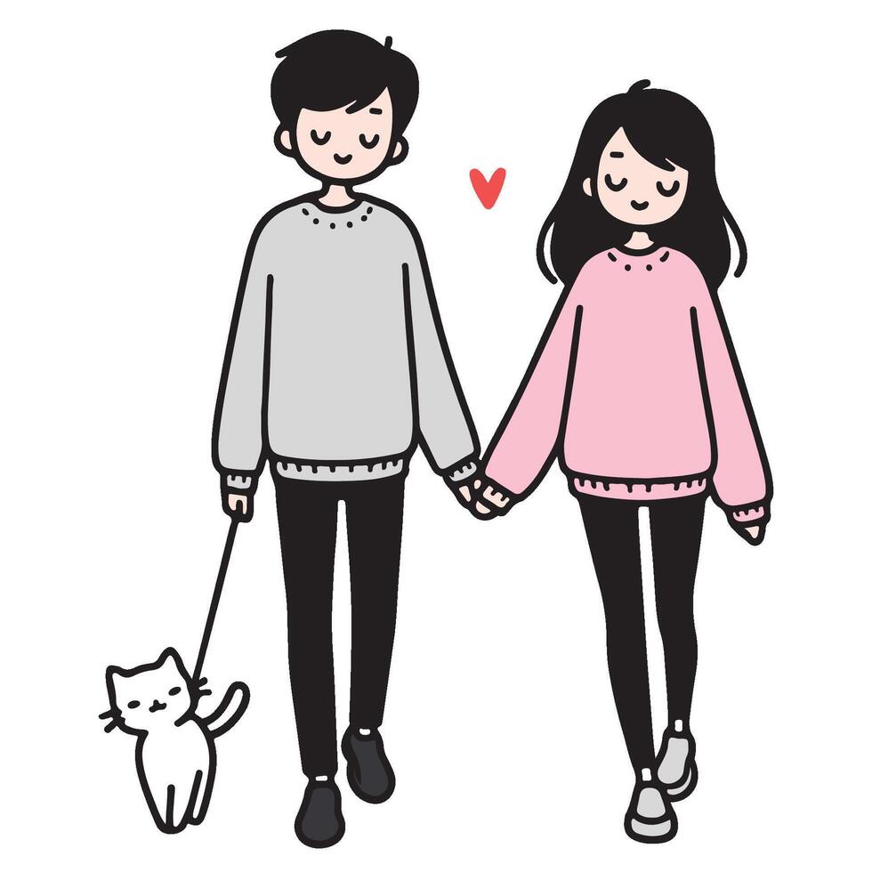 cartone animato di un' sorridente coppia nel maglioni Tenere mani con un' piccolo gatto su un' guinzaglio, con un' cuore simboleggiante loro amore. vettore