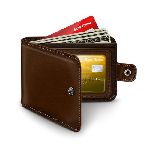 Portafoglio aperto in pelle con banconote in carta di credito vettore