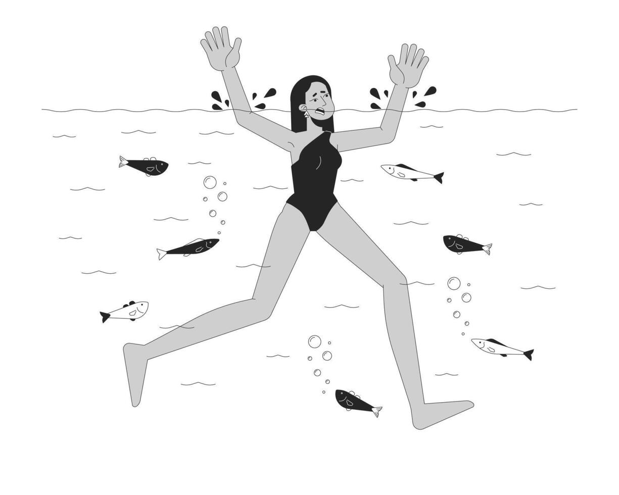 arabo donna annegamento nel fiume nero e bianca cartone animato piatto illustrazione. giovane femmina andando sotto acqua 2d Linea artistica personaggio isolato. pericoloso situazione monocromatico scena schema Immagine vettore