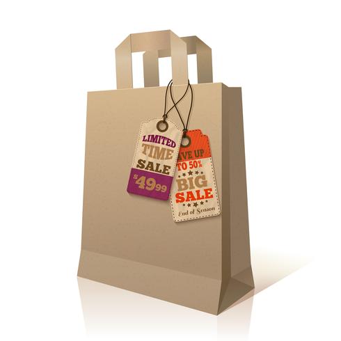 Shopping bag di carta con tag promozione vettore