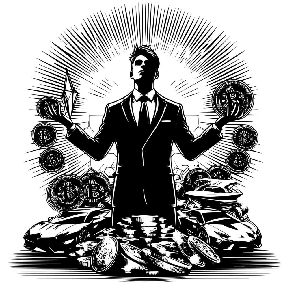 nero e bianca illustrazione di un' riuscito attività commerciale uomo con bitcoin i soldi macchine e luxus vettore