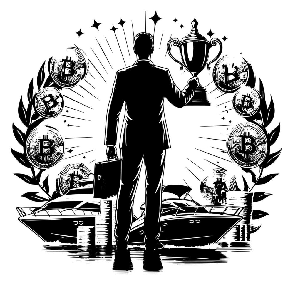 nero e bianca illustrazione di un' riuscito attività commerciale uomo con bitcoin i soldi macchine e luxus vettore
