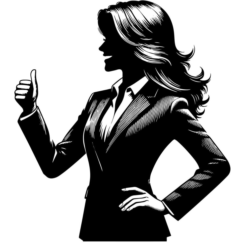 nero e bianca illustrazione di un' donna nel attività commerciale completo da uomo è mostrando il pollici su cartello vettore