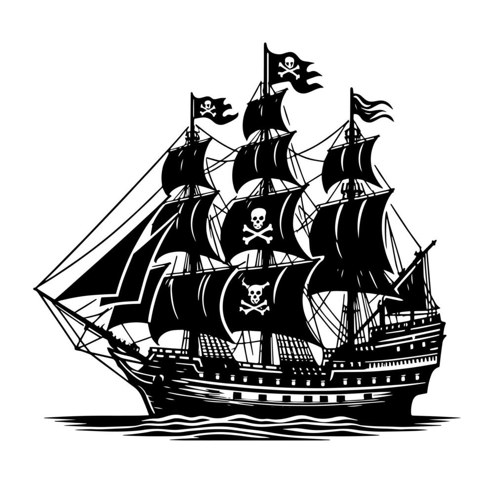 nero e bianca illustrazione di pirata nave vettore