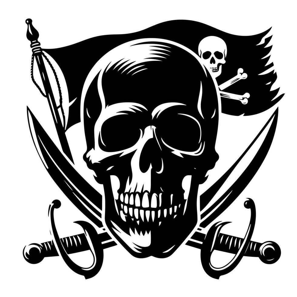 nero e bianca illustrazione di pirata simbolo con spade e cappello vettore