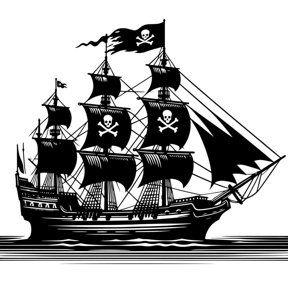 nero e bianca illustrazione di pirata nave vettore