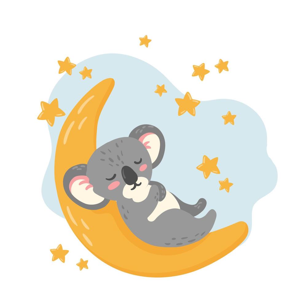 simpatico koala che dorme sulla luna tra le stelle stampa della cameretta del bambino. vettore