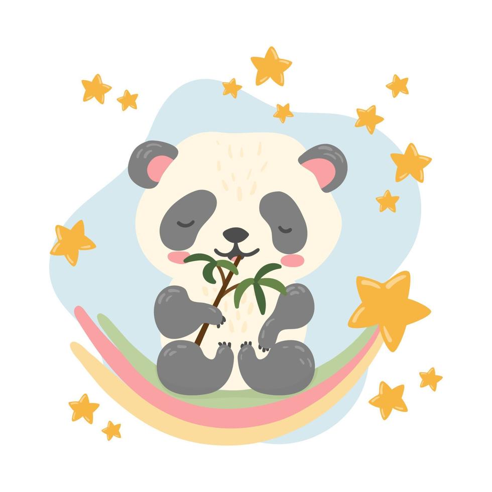 panda che mangia bambù su un arcobaleno. poster per la scuola materna, cartoline, stampa per vestiti per bambini, baby shower. vettore