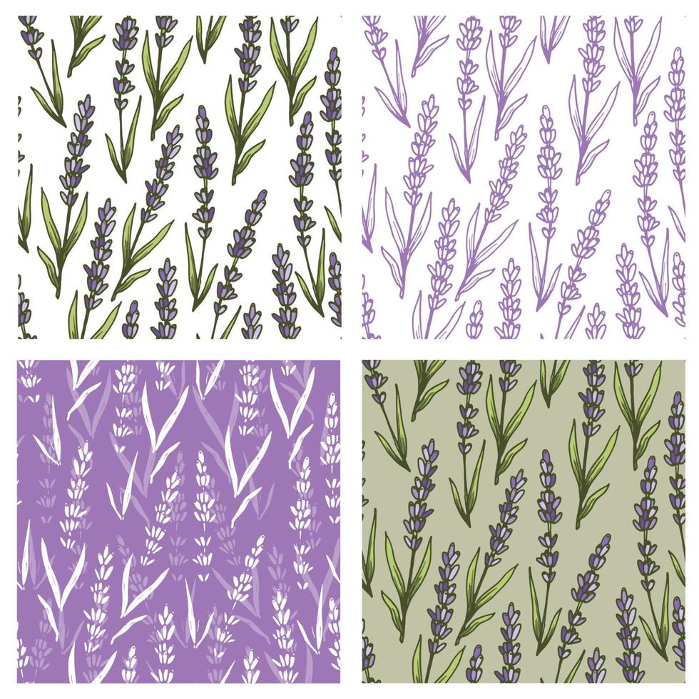 fiori di lavanda viola vector seamless pattern collection. bella mano retrò annegare sfondi floreali in stile doodle. ottimo per tessuti estivi e primaverili, striscioni, carte da parati, confezioni.