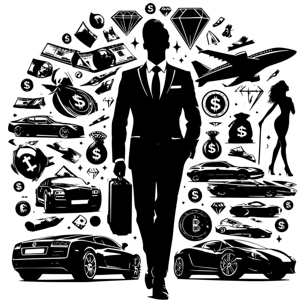 nero e bianca illustrazione di un' riuscito attività commerciale uomo con i soldi macchine ragazze e luxus vettore