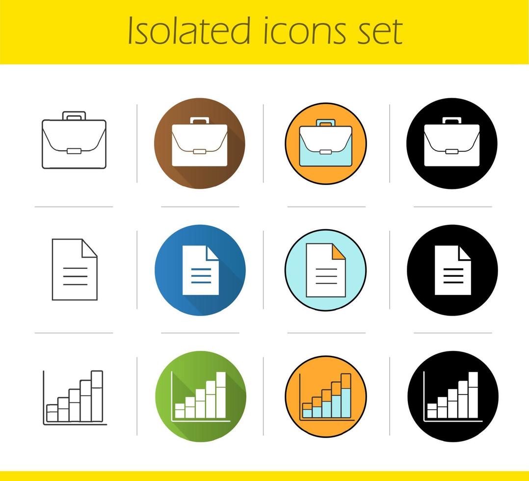set di icone di affari. design piatto, stili lineari, neri e a colori. valigetta, documento ufficiale, grafico della crescita del reddito. illustrazioni vettoriali isolate