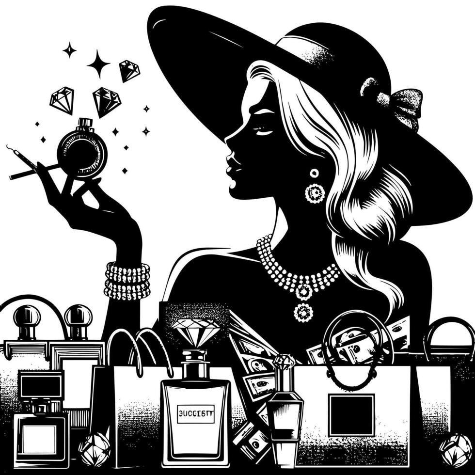 nero e bianca illustrazione di un' fortunato lussuoso shopping signora con borse e quadri e parfum vettore