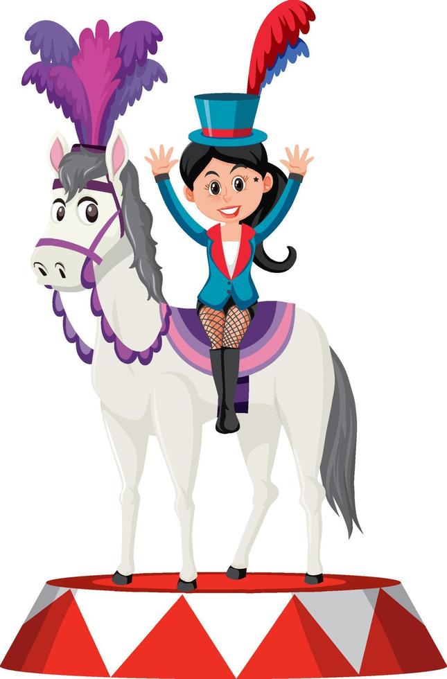 spettacolo circense con ragazza maga e personaggio dei cartoni animati a cavallo vettore