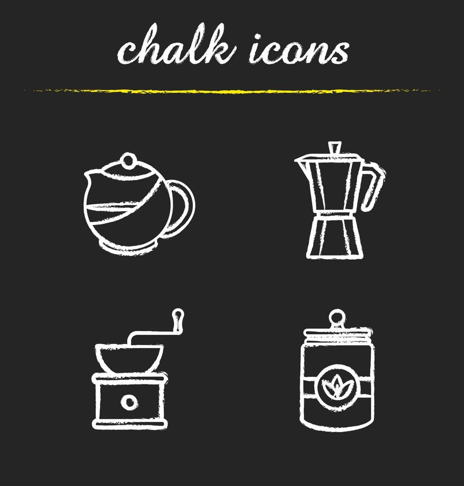 set di icone di gesso per tè e caffè. teiera, macinacaffè vintage, barattolo da tè, moka. illustrazioni di lavagna vettoriali isolate