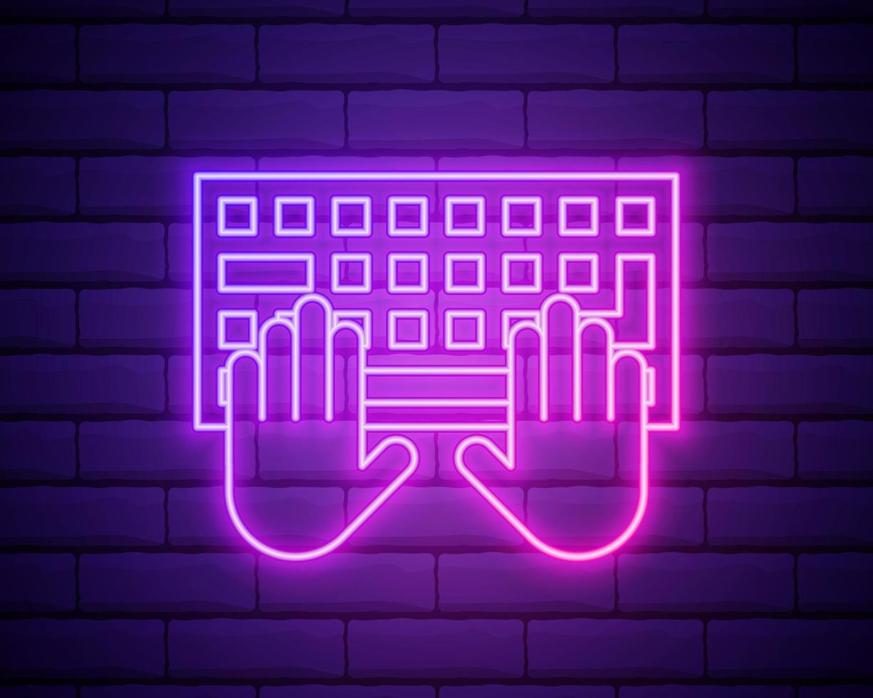 digitando, braccia, tastiera icona vettoriale neon rosa. icona di vettore di colori al neon. sfondo del muro di mattoni