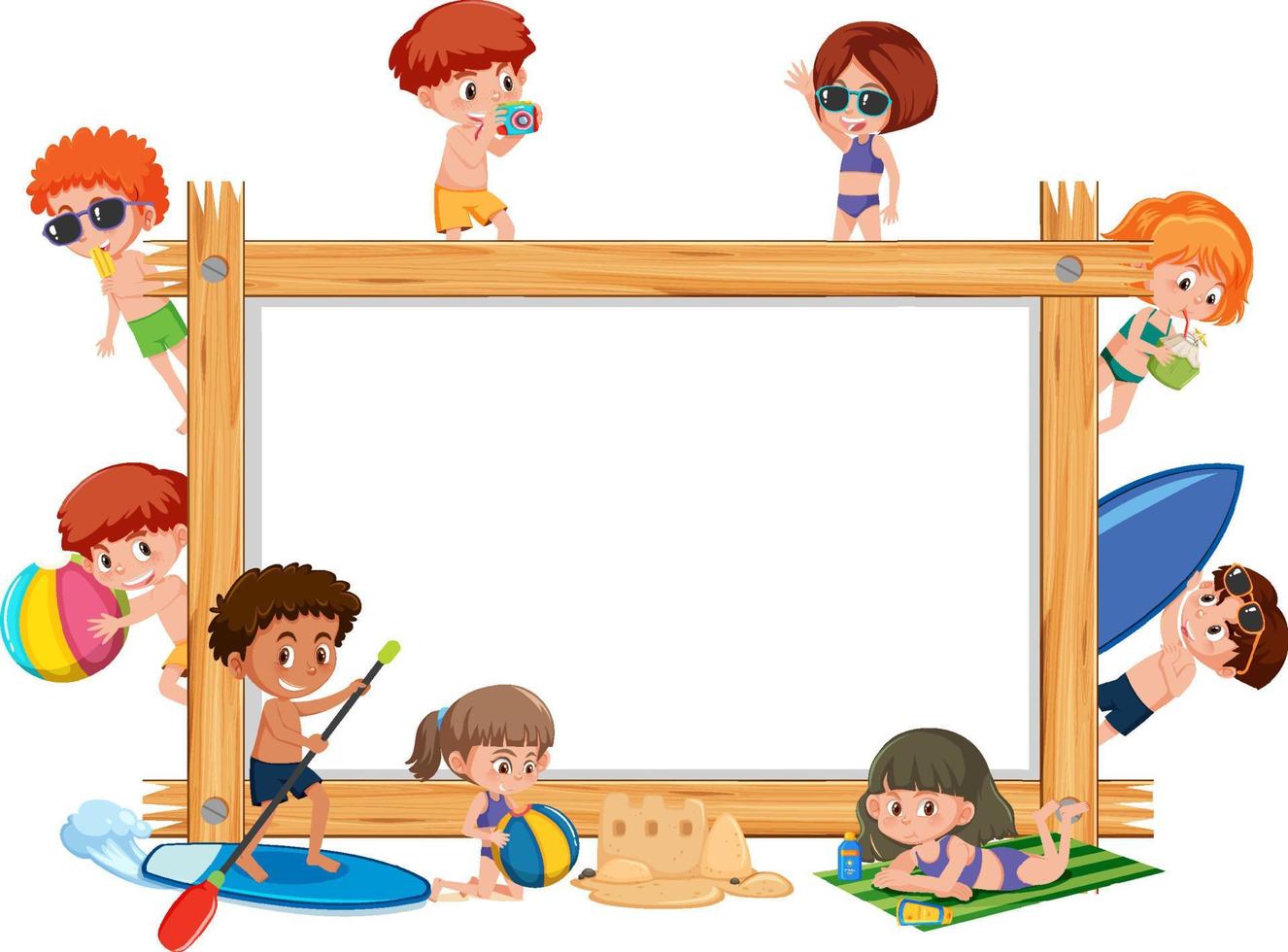 cornice di legno vuota con bambini in tema spiaggia estiva vettore