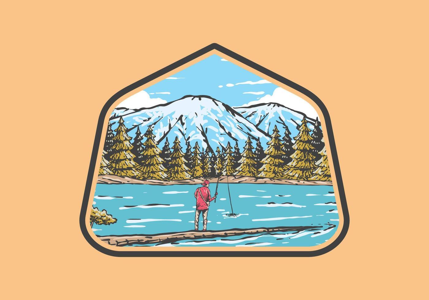 Vintage ▾ illustrazione di un' uomo pesca su il lago con foresta e montagna Visualizza vettore
