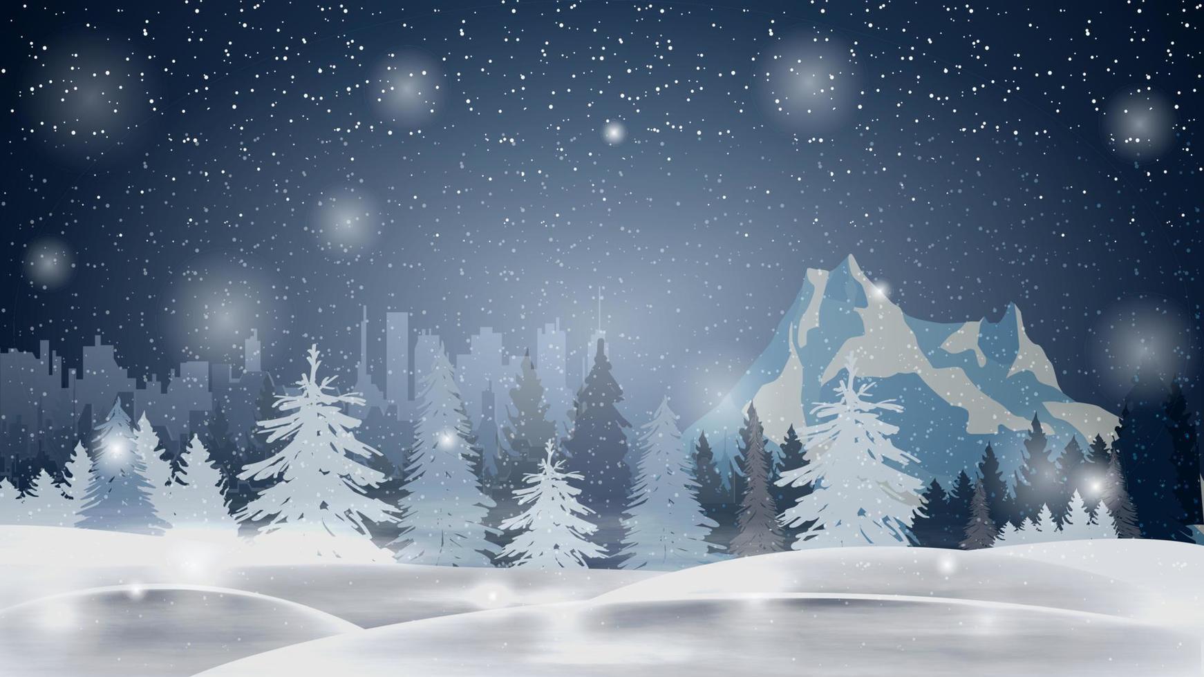 cartone animato paesaggio invernale con pineta, derive, montagna e città all'orizzonte. paesaggio invernale notturno con nevicate vettore