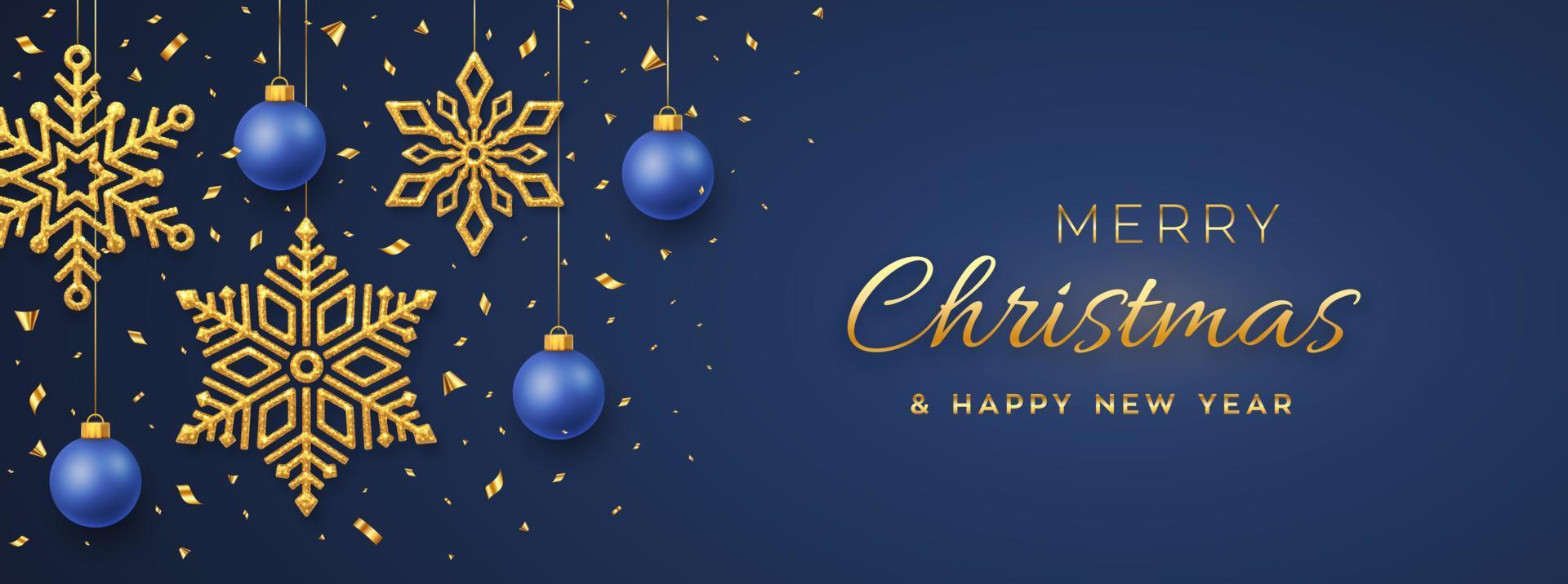 sfondo blu di Natale con appesi brillanti fiocchi di neve dorati e palline. buon natale biglietto di auguri. vacanza natale e capodanno poster, banner web. illustrazione vettoriale. vettore