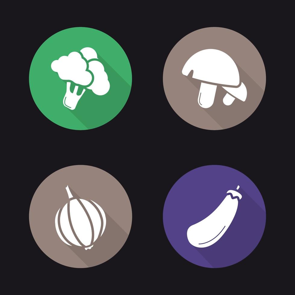 verdure design piatto lunga ombra set di icone. broccoli, funghi, aglio, melanzane. illustrazione di sagoma vettoriale