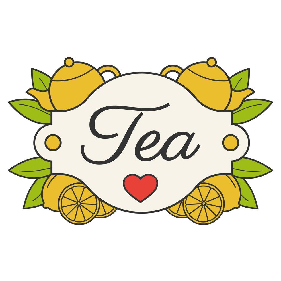 etichetta del tè. facile da modificare. teiere gialle, limoni a fette, simbolo del cuore e disegno del concetto di foglie verdi. emblema del negozio di tè di colore. illustrazione vettoriale isolato