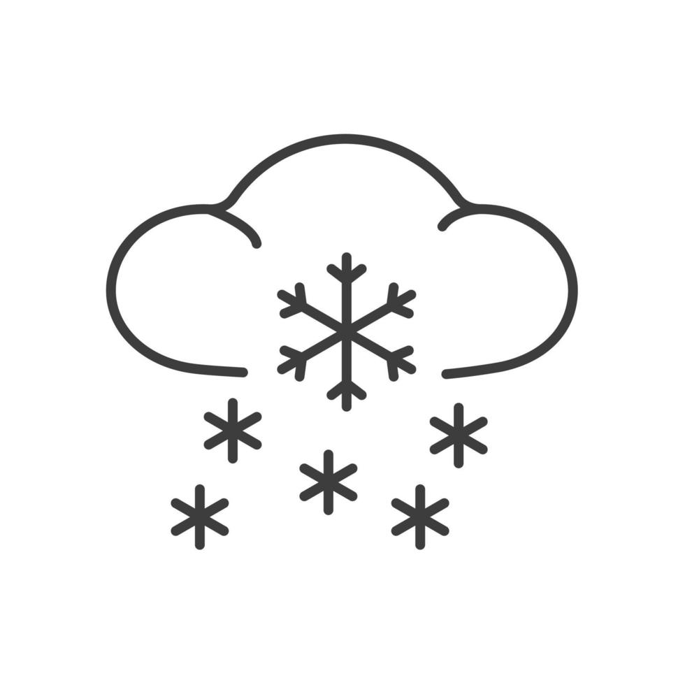 icona lineare di nevicate invernali. nuvola e fiocchi di neve. illustrazione di linea sottile. simbolo di contorno del tempo nevoso. disegno vettoriale isolato contorno