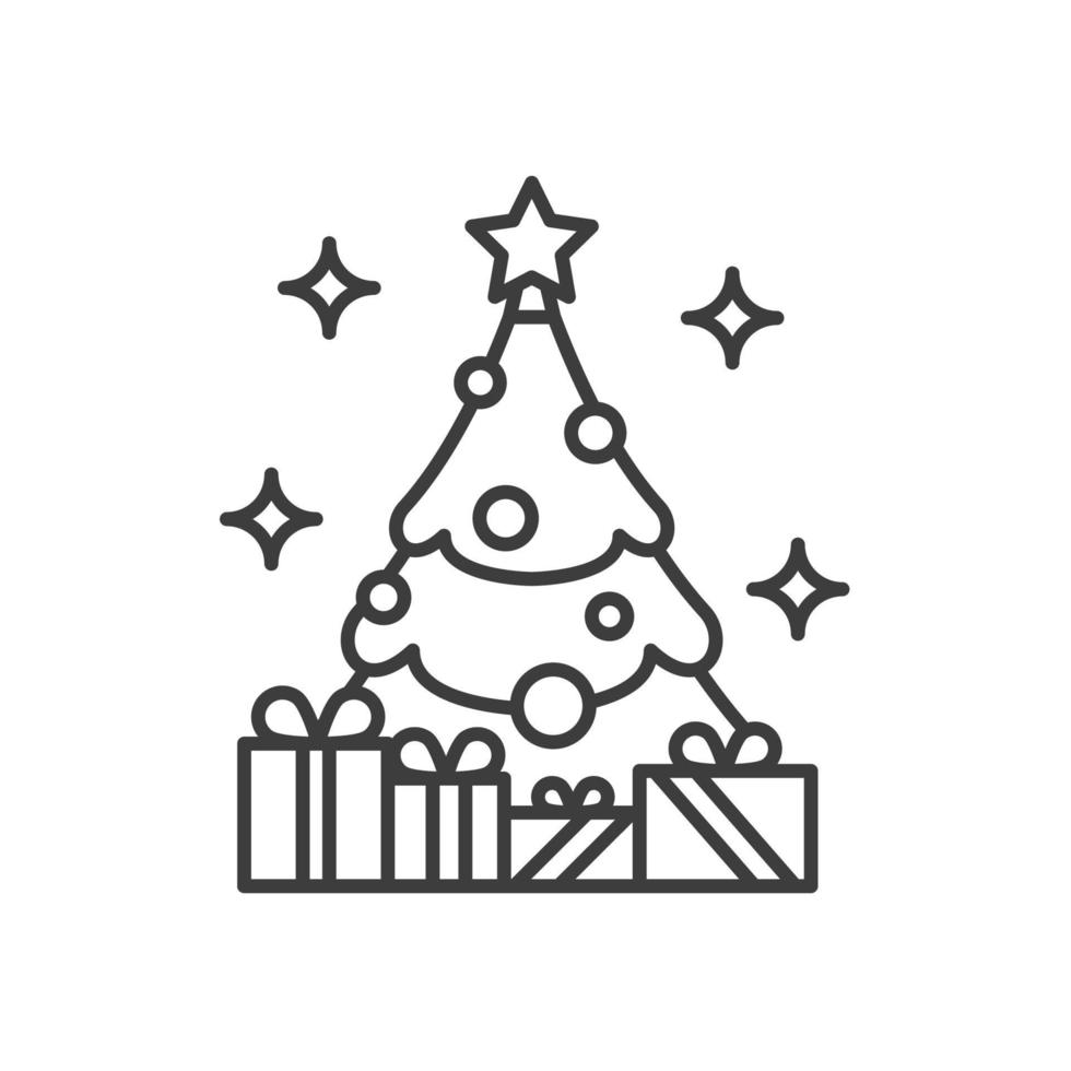 albero di capodanno con icona lineare di stelle e regali. illustrazione di linea sottile. albero di natale decorato con regali simbolo di contorno. disegno vettoriale isolato contorno