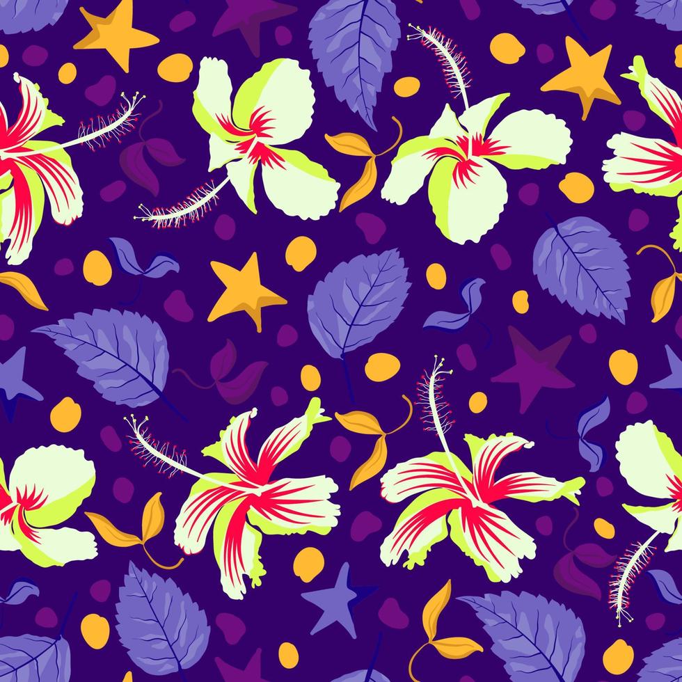 opera d'arte di ibisco hawaiano fiorire scaricabile senza soluzione di continuità tropicale. progettato con molti elementi di fiori e fogliame colorati. migliore per l'arredamento di interni lifestyle, tappezzeria, arazzi ecc. vettore