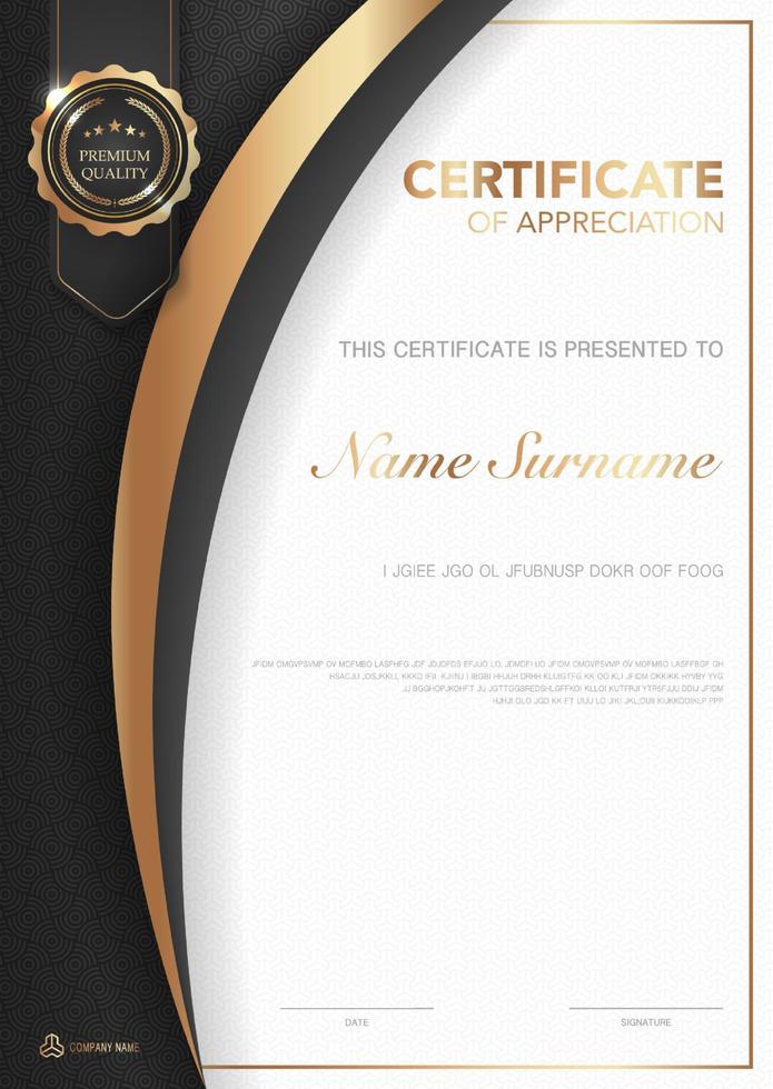 modello di certificato di diploma colore nero e oro con immagine vettoriale di lusso e stile moderno, premio adatto per l'apprezzamento. illustrazione vettoriale eps10.