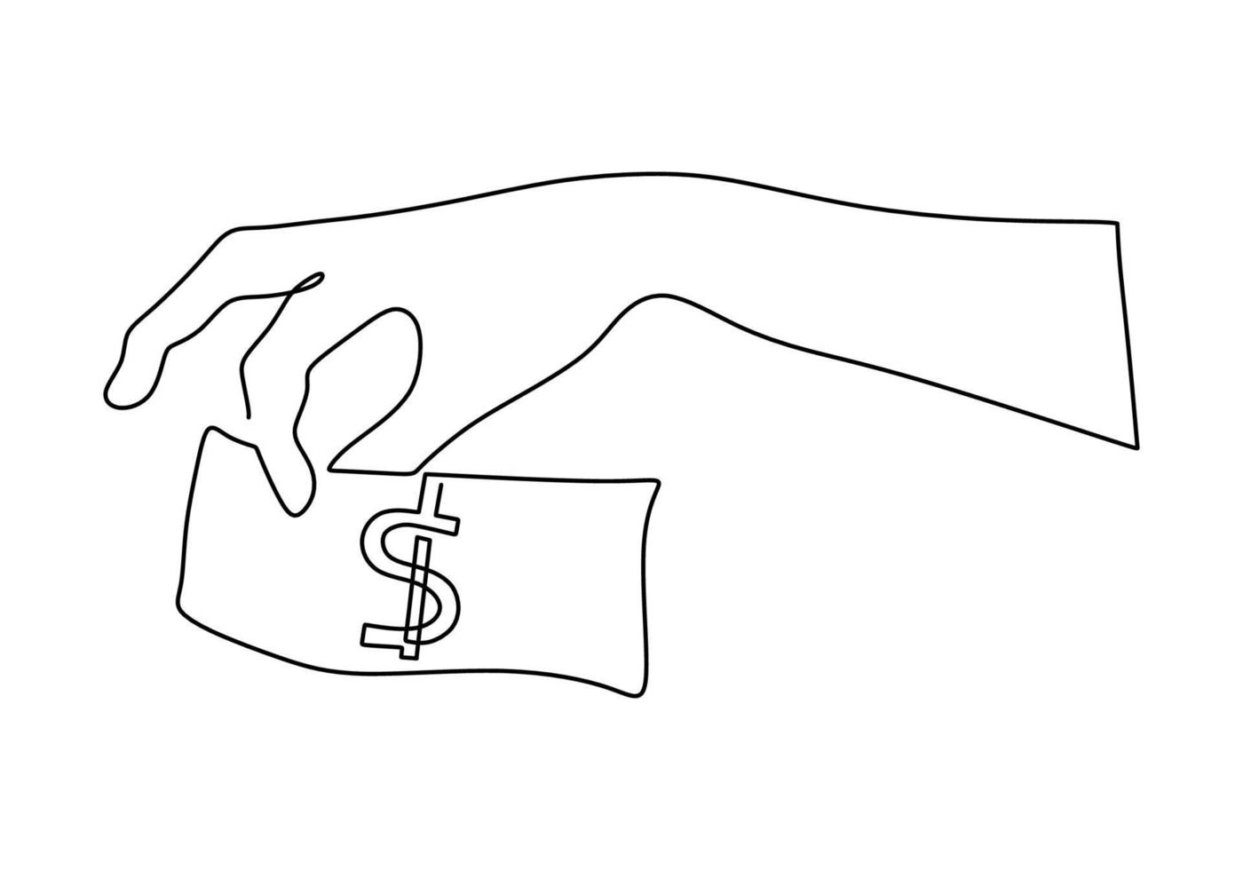 mano che tiene il disegno a tratteggio continuo dei soldi del dollaro, una mano disegnata. vettore